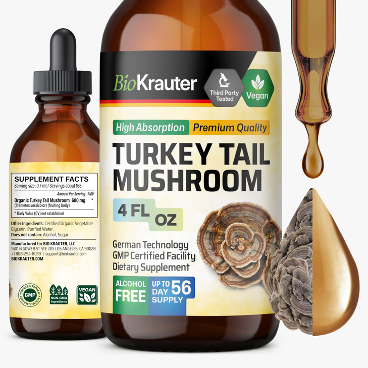 BIO KRAUTER Turkey Tail Mushroom Supplement - Turkey Tail Extract for Immune Support - Vegan, Alcohol & Sugar Free Drops 4 Fl.Oz.