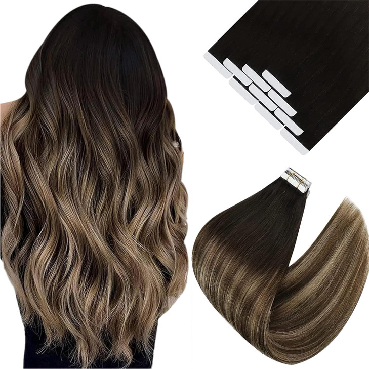 Ve Sunny Tape in Hair Extensions Real Human Hair Invisible Remy Human Hair Straight Tape Ins Double Sided Natural Black Ombre Dark Brown Balayage Ash