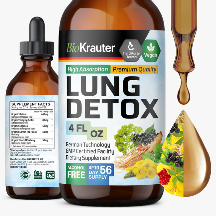 BIO KRAUTER Lung Detox Drops - Pure Vegan Lung Cleanse Liquid Form 4 Fl.Oz 56 Days of Supply - Blend Mullein, Elderberry, Stinging Nettle, Ginseng &