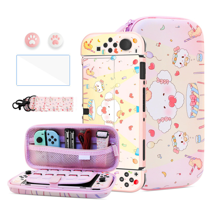 HYPERCASE Pink Cute Little Elf Switch OLED Accessories Bundle, with Portable Switch OLED Carrying Travel Case Pouch, Hardshell Cover Skin, Screen Pro