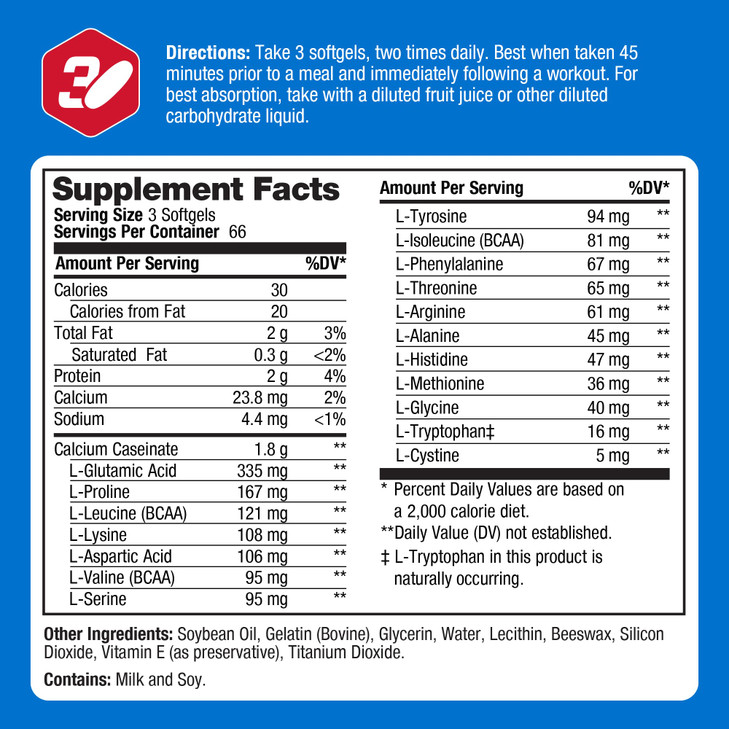 Prolab Amino Gel-Caps Essential Amino Acids Supplement, High-Potency, Easy-to-Swallow Capsules (200 Softgels)
