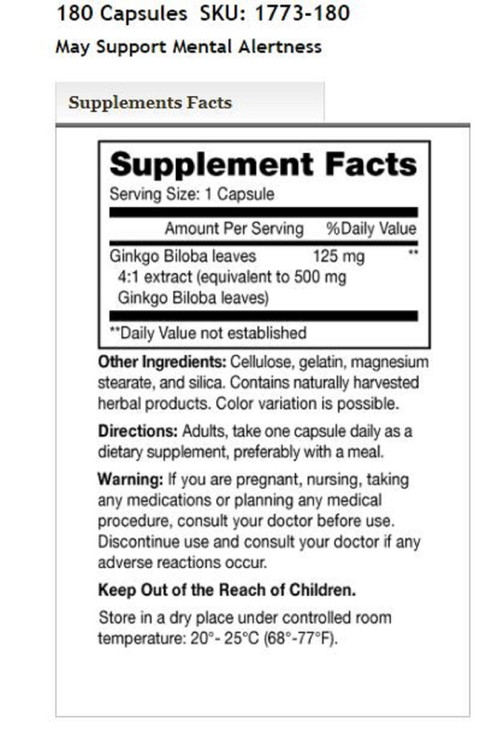 Mason Vitamins Ginkgo Biloba 500 mg 180 Gelatin Capsules per Bottle, Pack of 2 Bottles Total 360 Capsules