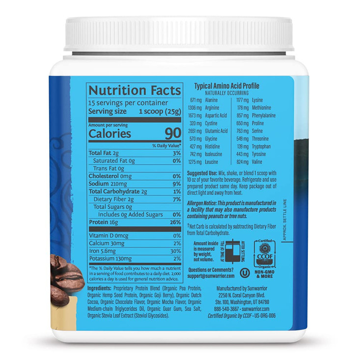 Sunwarrior Organic Plant Based Protein Powder | Vegan Organic Protein Powder Mocha Flavored with BCAA Amino Acids & Hemp Seed Pea Blend | Non-GMO Soy