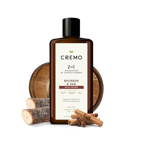 Cremo Bourbon & Oak Barber Grade 2-in-1 Shampoo & Conditioner, 16 Fl Oz (2-Pack) - A Sophisticated Blend of Distillers Spice, Fine Bourbon and White