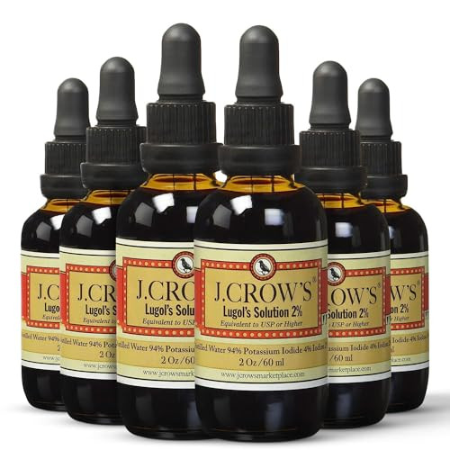 J.CROW'S® Lugol's Solution of Iodine 2% 2 oz (6 Bottles)  Premium Iodine & Potassium Iodide Liquid, Gluten &, Alcohol-Free Natural Brine Extract, No