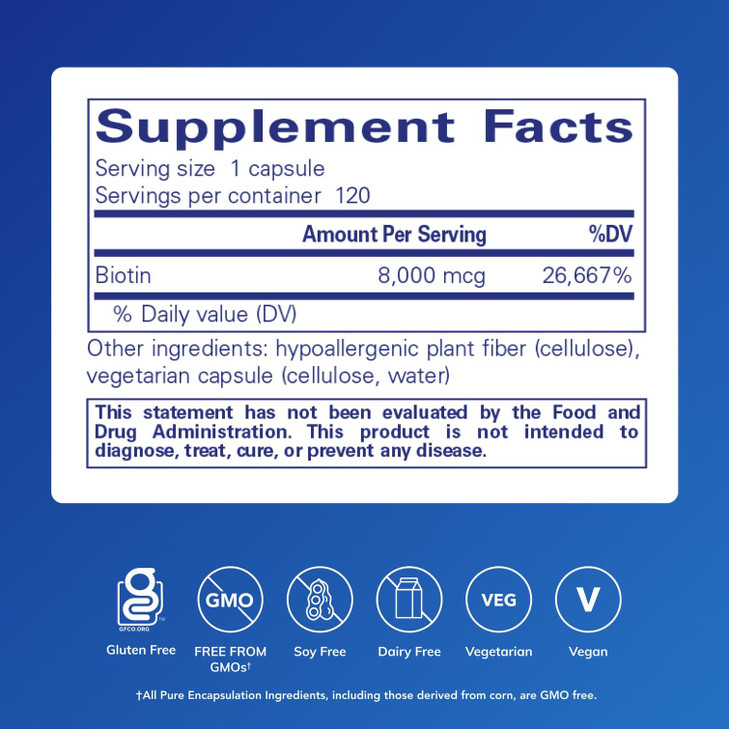Pure Encapsulations Biotin 8 mg - B Vitamin Supplement to Aid Stress Relief, Hair, Skin & Nail Strengthening, Metabolism, Carbohydrate Support & Nerv