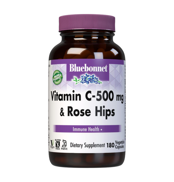 Bluebonnet Vitamin C 500 mg Plus Rosehips Vegetable Capsules, 180 Count