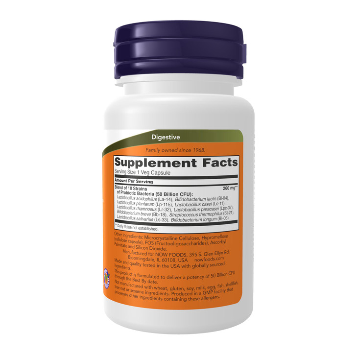 NOW Foods Supplements, Probiotic-10, 50 Billion, with 10 Probiotic Strains, Strain Verified, 50 Veg Capsules