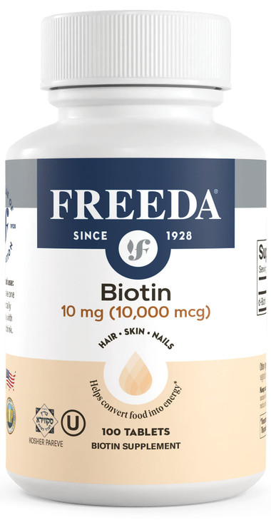 FREEDA Biotin 10,000 mcg  Kosher Hair, Skin & Nails Supplement  High-Potency B7 for Hair Growth & Strong Nails  Vegan Tablets with D-Biotin  100
