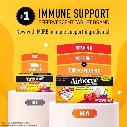 Vitamin C 1000mg (per serving) - Airborne Very Berry Effervescent Tablets (36 count in a box), Gluten-Free Immune Support Supplement, With Vitamins A