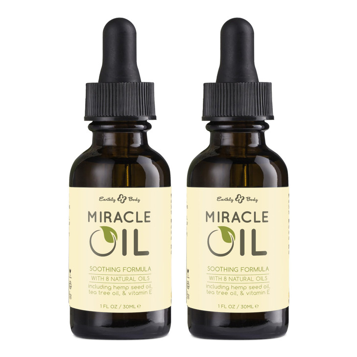 Earthly Body Miracle Oil, 1 fl. oz. - 2 Pack - 100% Natural Tea Tree Oil, Hemp Seed Oil & Vitamin E - Moisturizer, Calms Skin Irritations, Helps Smoo