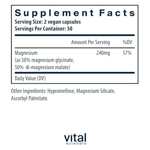 Vital Nutrients Magnesium Glycinate + Malate - 120mg Vegan Magnesium Supplement for Women and Men - Muscle, Heart, Bone Support* - Promotes Relaxatio