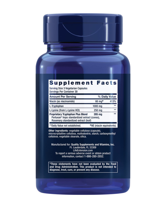 Life Extension Optimized Tryptophan Plus 1000mg - L-Tryptophan Supplement with Niacin and L-Lysine for Healthy Sleep & Stress Response  Gluten-Free,