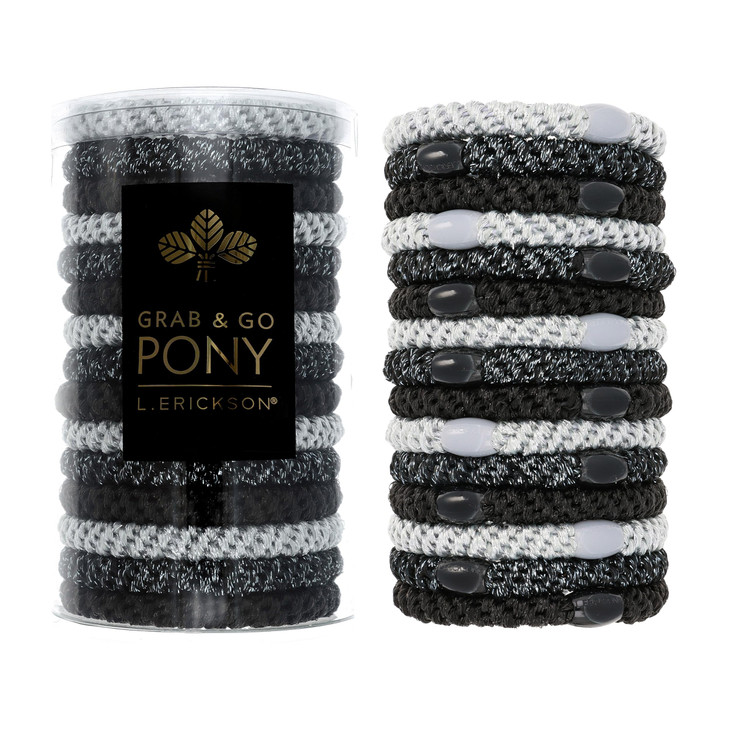 L. Erickson Black and Silver Hair Ties for Thick Hair, Grab & Go Pony Tube, 15 Pack, Black Metallic Pack, Thick No-Crease Bands with Strong Hold, Dam