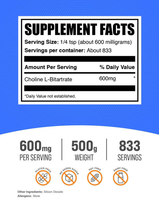 BulkSupplements.com Choline Bitartrate Powder - Choline Supplements - Unflavored & Gluten Free, 600mg per Serving, 500g (1.1 lbs) (Pack of 1)