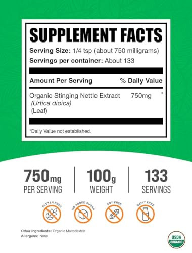 BulkSupplements.com Organic Stinging Nettle Extract Powder - Nettle Leaf Extract, Herbal Supplement - Vegan & Gluten Free, 750mg per Serving, 250g (8