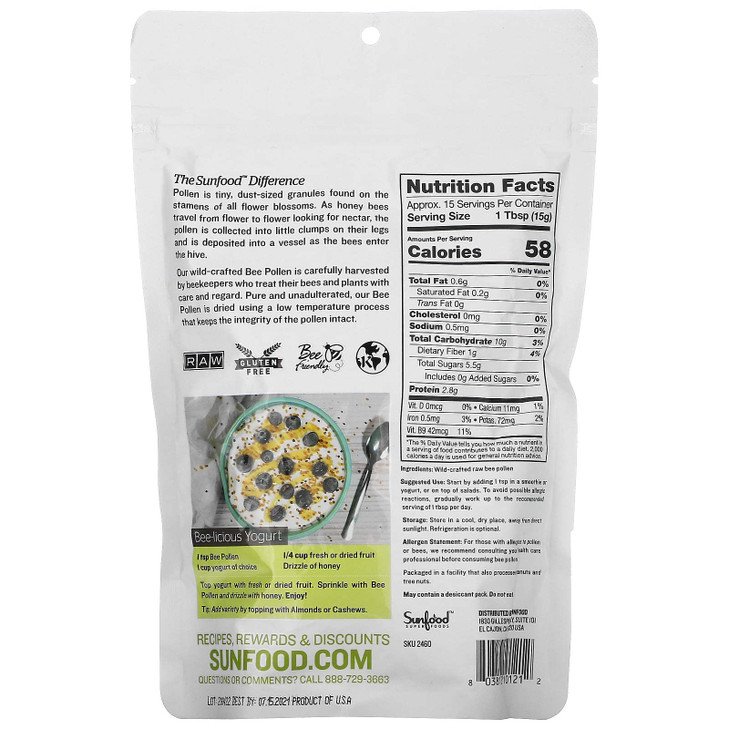 Sunfood Superfoods Raw Wild-Crafted Bee Pollen - Bee Pollen Granules, 100% Raw Bee Pollen Supplement, Honey Bee Pollen Collected by Beekepers, Natura