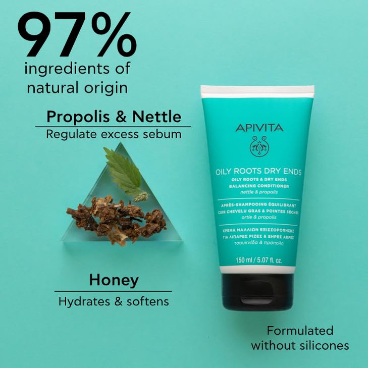 Apivita Oily Roots & Dry Ends Shampoo | Cleasnes, Balances Scalp Oil & Repairs Ends with Nettle & Propolis, 250 mL / 8.45 oz