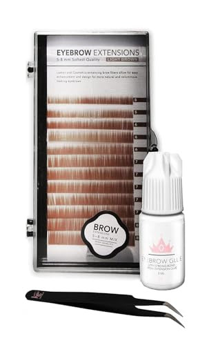 KC Republic Lash Eyebrow Extensions Kit with 1 x Trays of Mink False Eyebrows in Blonde/Light Brown Comes on Mixed Length 5-8 mm, Eyebrow Glue Clear