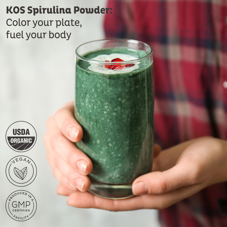 KOS Organic Spirulina Powder - USDA Certified Organic, 109 Servings of Superfood Powder for Smoothies & Juices, Non-Irradiated Blue Green Algae, Plan