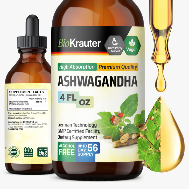 BIO KRAUTER® Ashwagandha Supplements - Liquid Drops Pure Vegan Ashwagandha for Women & Men 685 mg per Serving 4 Fl.Oz 56-Day Supply - Used for Mood M