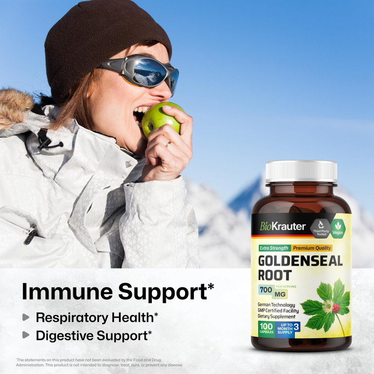 BIO KRAUTER® Goldenseal Root - Pure & Vegan Goldenseal Capsules 700mg/serving 100 Caps - Immune & Respiratory Support - Golden Seal Powder for Digest