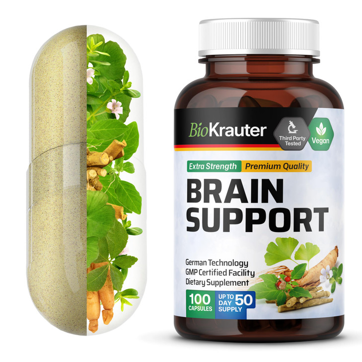 BIO KRAUTER Brain Support Supplement - 100 Count - 1300 mg Blend of Ashwagandha, Panax Ginseng and Ginkgo Biloba - Vegan, No Fillers