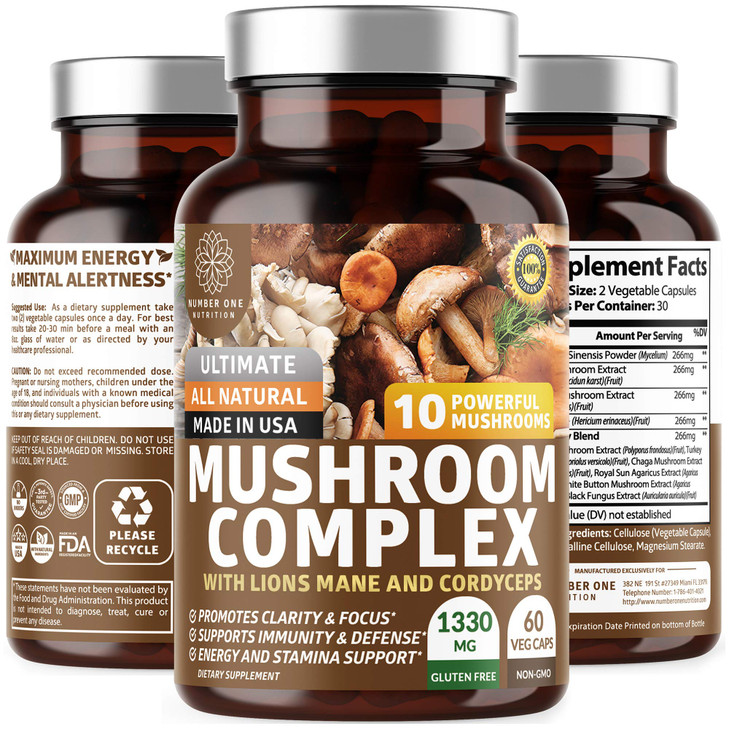 N1N Premium Mushroom Complex [10X Powerful Mushrooms] with Reishi, Lions Mane, Cordyceps, Chaga, Turkey Tail and Maitake to Support Health, Brain Fun