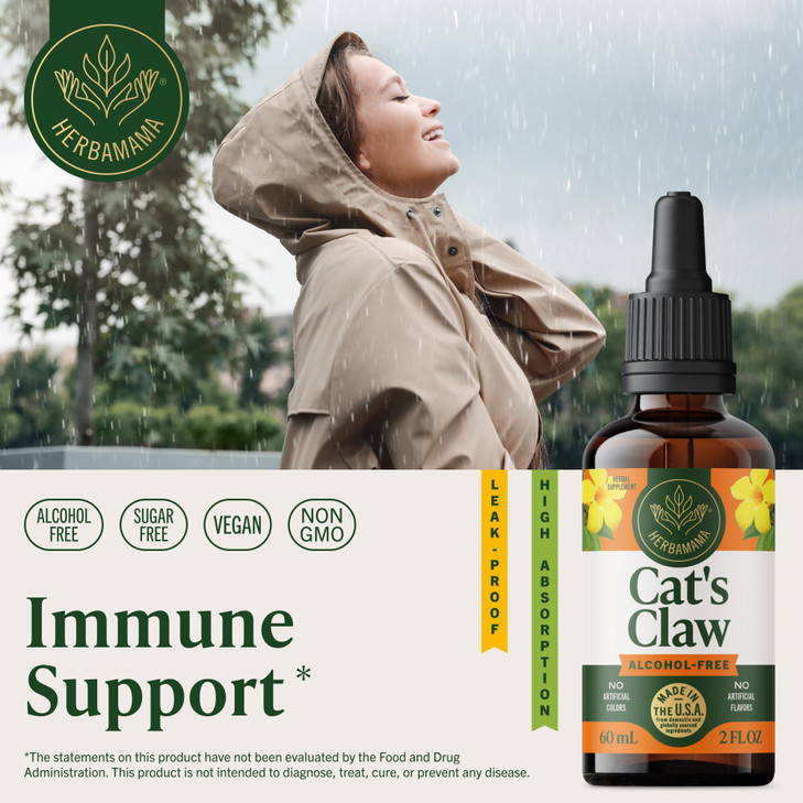 HERBAMAMA Cat's Claw Tincture - Vegan Cat's Claw Extract Supplement for Immune Support - Non-GMO, Alcohol & Sugar-Free Uncaria Tomentosa Drops