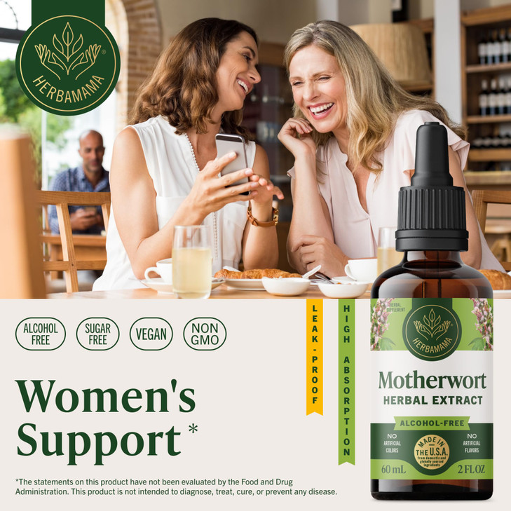 HERBAMAMA Motherwort Tincture - Vegan Motherwort Herb Extract Calm Drops for Women's Support - Non-GMO, Alcohol & Sugar-Free Liquid Relaxation Supple