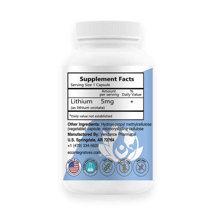 Lithium Oro 5 mg, Supports Healthy Mood Emotional Wellness, Behavior, and Memory. Bioavailable, 100 Caps (Elemental Lithium Orotate)