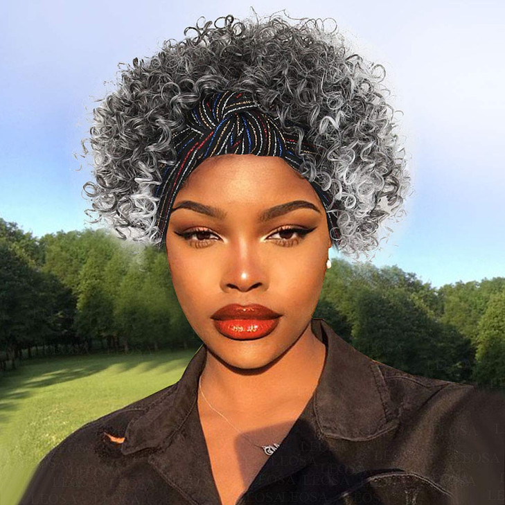LEOSA Gray Headband Wig for Black Women Ombre Afro Kinky Curly Wig with Headbands Attached Synthetic Short Grey Afro Curly Hair Wig Head Wrap Wigs 2