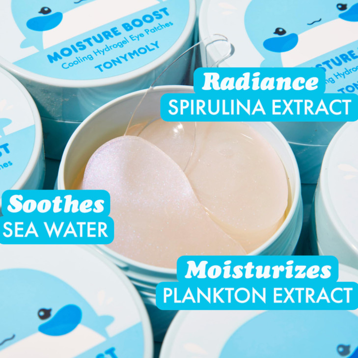 TONYMOLY Moisture Boost Cooling Hydrogel Eye Patches  Hydrating & Refreshing Under Eye Patches with Hyaluronic Acid, Spirulina & Plankton, 30 Pairs