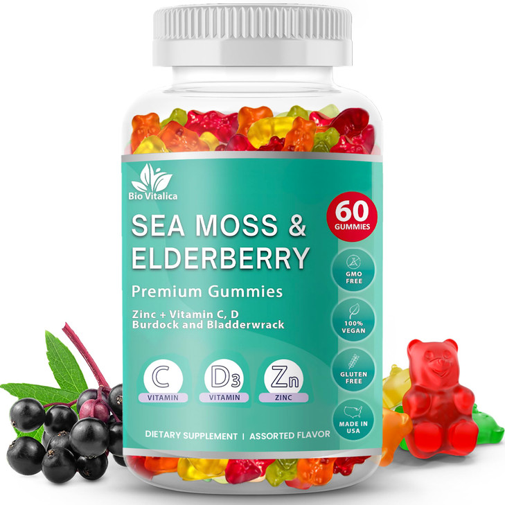 BIO VITALICA Sea Moss Gummies Elderberry BioVitalica - Vitamin C D + Zinc - Irish Seamoss Vegan Gummy with Sea Moss Gel & Powder for Immunity, Detox