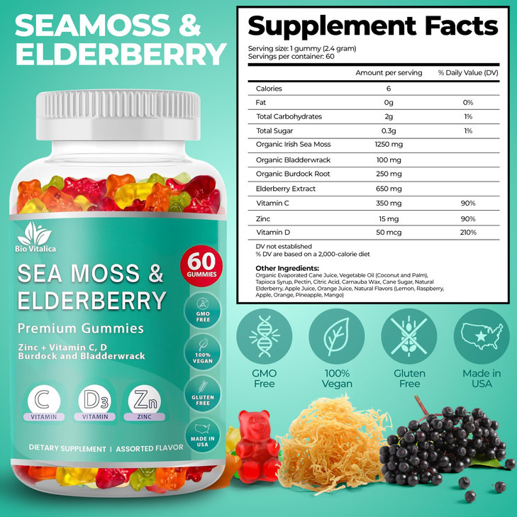 BIO VITALICA Sea Moss Gummies Elderberry BioVitalica - Vitamin C D + Zinc - Irish Seamoss Vegan Gummy with Sea Moss Gel & Powder for Immunity, Detox