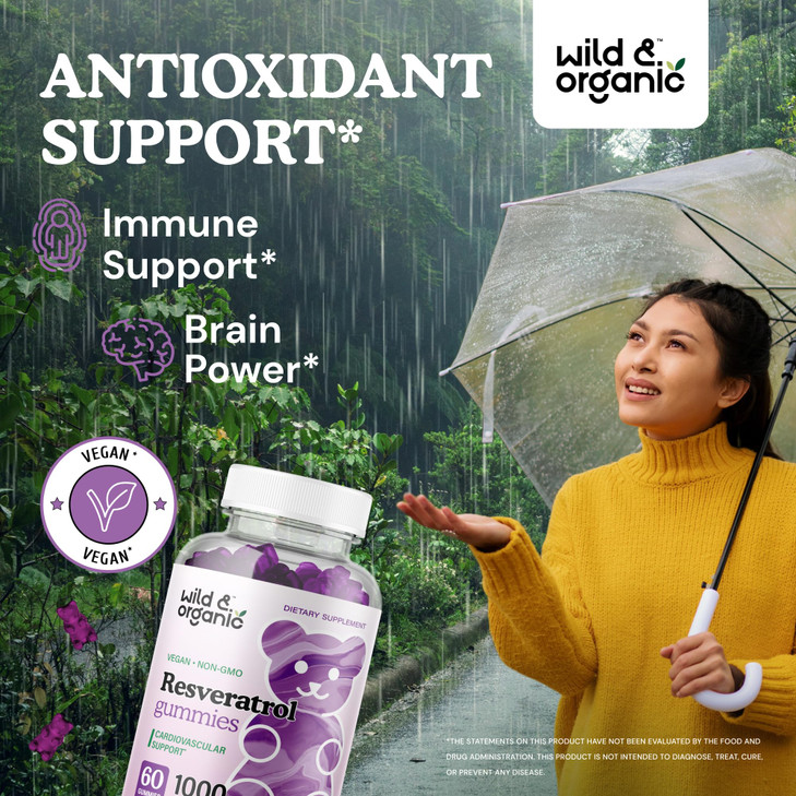 Wild & Organic Resveratrol Gummies 1000mg - Trans Resveratrol Supplement for Antioxidant, Brain, Immune Support - 60 Vegan, Non-GMO Antioxidant Gummi