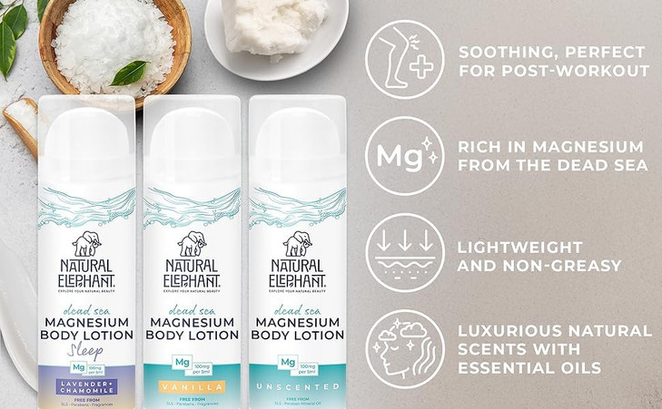 Natural Elephant Dead Sea Magnesium Lotion  Unscented Body Moisturizer | Topical Magnesium with Dead Sea Minerals  5 oz (150 ml)