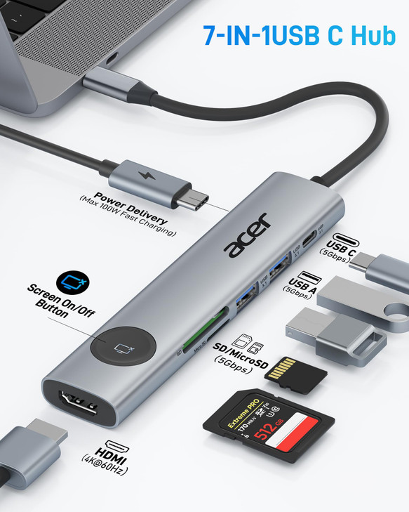 Acer USB C to HDMI Multiport Adapter, 7 in 1 USB-C Hub with HDMI 4K@60Hz, 100W PD, 2 USB-A 3.1 and 1 USB C 3.1 with 5Gbps, SD Card Reader, Type C Don