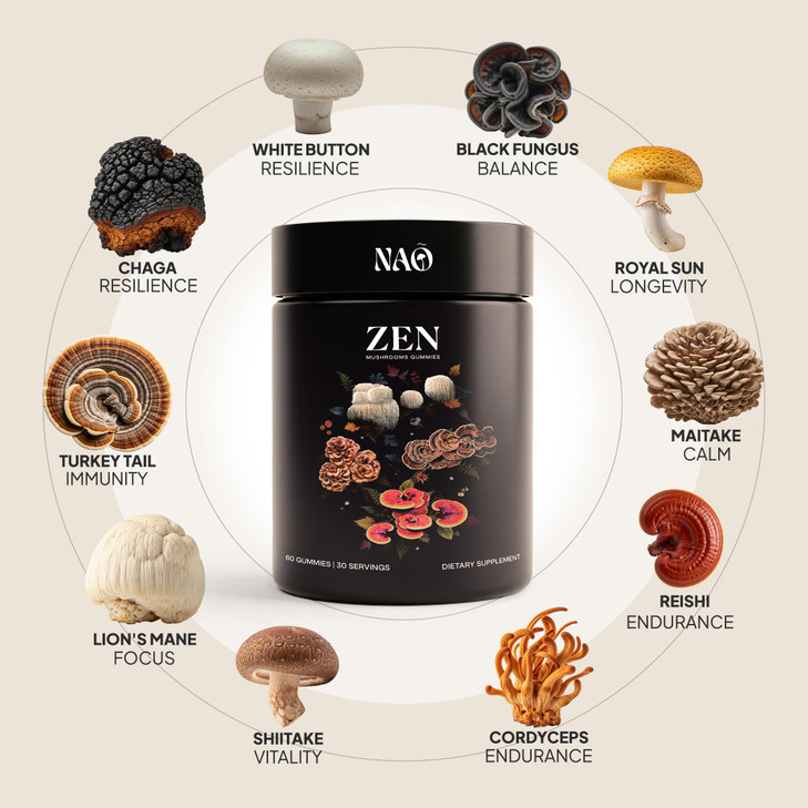 NAO Made in USA 10-in-1 Mushroom Gummies Nootropic  Premium Blend with Reishi, Lions Mane, Chaga, Cordyceps, Shiitake, Maitake & Turkey Tail for Br