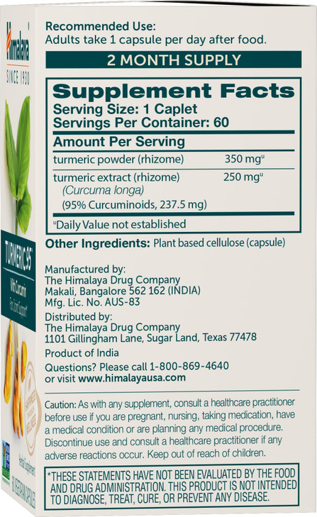Himalaya Turmeric 95 Supplement with Curcumin/Curcuminoids, Joint and Muscle Support, Optimum Flexibility and Mobility, 600 mg, Non-GMO, Vegan, Glute