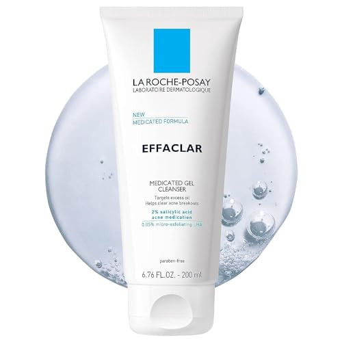 La Roche-Posay Effaclar Medicated Gel Cleanser, 2% Salicylic Acid Cleanser + LHA + Glycerin, Foaming Acne Face Wash, Helps Clear & Prevent Acne Break