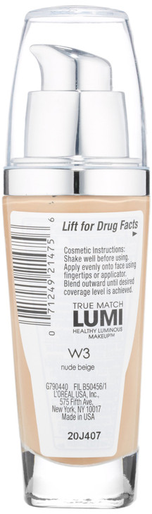 L'Oreal Paris True Match Lumi Healthy Luminous Makeup, W3 Nude Beige, 1 fl; oz.