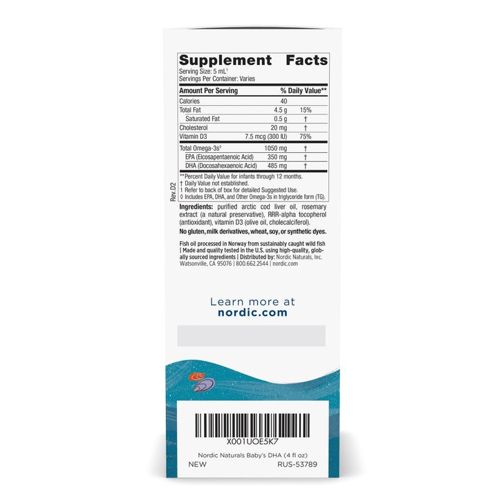 Nordic Naturals Babys DHA, Unflavored - 4 oz - 1050 mg Omega-3 + 300 IU Vitamin D3 - Supports Brain, Vision & Nervous System Development in Babies -