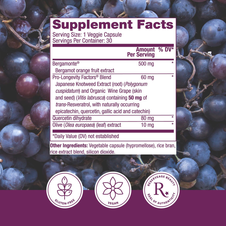 Reserveage Beauty Bergamot Cholesterol Support with Resveratrol - Antioxidant Supplement for Cardiovascular Support & Heart Health - Vegan & Non-GMO