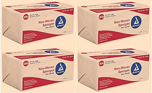Dynarex Non-Woven Sponges, Non-Sterile, Gauze, for Cleansing, Prepping and Dressing, Highly-Absorbent, Less Linting, 4-Pack, 4"x 4", 4 Ply, 800 Spong