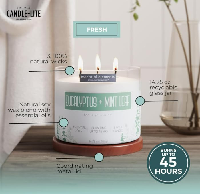 Essential Elements by Candle-lite Scented Candles, Eucalyptus & Mint Leaf Fragrance, One 14.75 oz. Three-Wick Aromatherapy Candle with 45 Hours of Bu