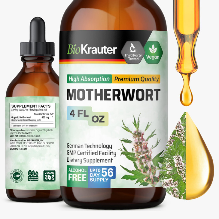 BIO KRAUTER® Perimenopause & Menopause Supplements for Women* - Vegan Motherwort Tincture 4 Fl.Oz 56-Day Supply for Natural Calm & Women's Wellness -