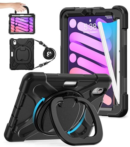 BATYUE Case for iPad mini 7 A17 Pro 2024/iPad Mini 6 2021 8.3 Inch with Pencil Holder, 360 Rotating Stand, Shoulder Strap, Handle Grip, Shockproof Ru