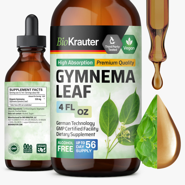 BIO KRAUTER® Gymnema Sylvestre - Liquid Drops Gymnema Sylvestre Extract 530 mg per Serving 4 Fl.Oz 56-Day Supply - Pure & Vegan Gurmar for Overall Su