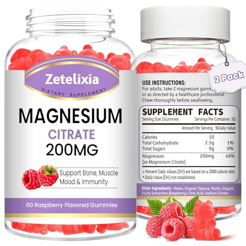 2 Pack Magnesium Citrate Gummies, High Absorption Magnesium Gummies for Adults, Muscle & Teeth Support, Vegan Natural Raspberry Flavor 120 Cts